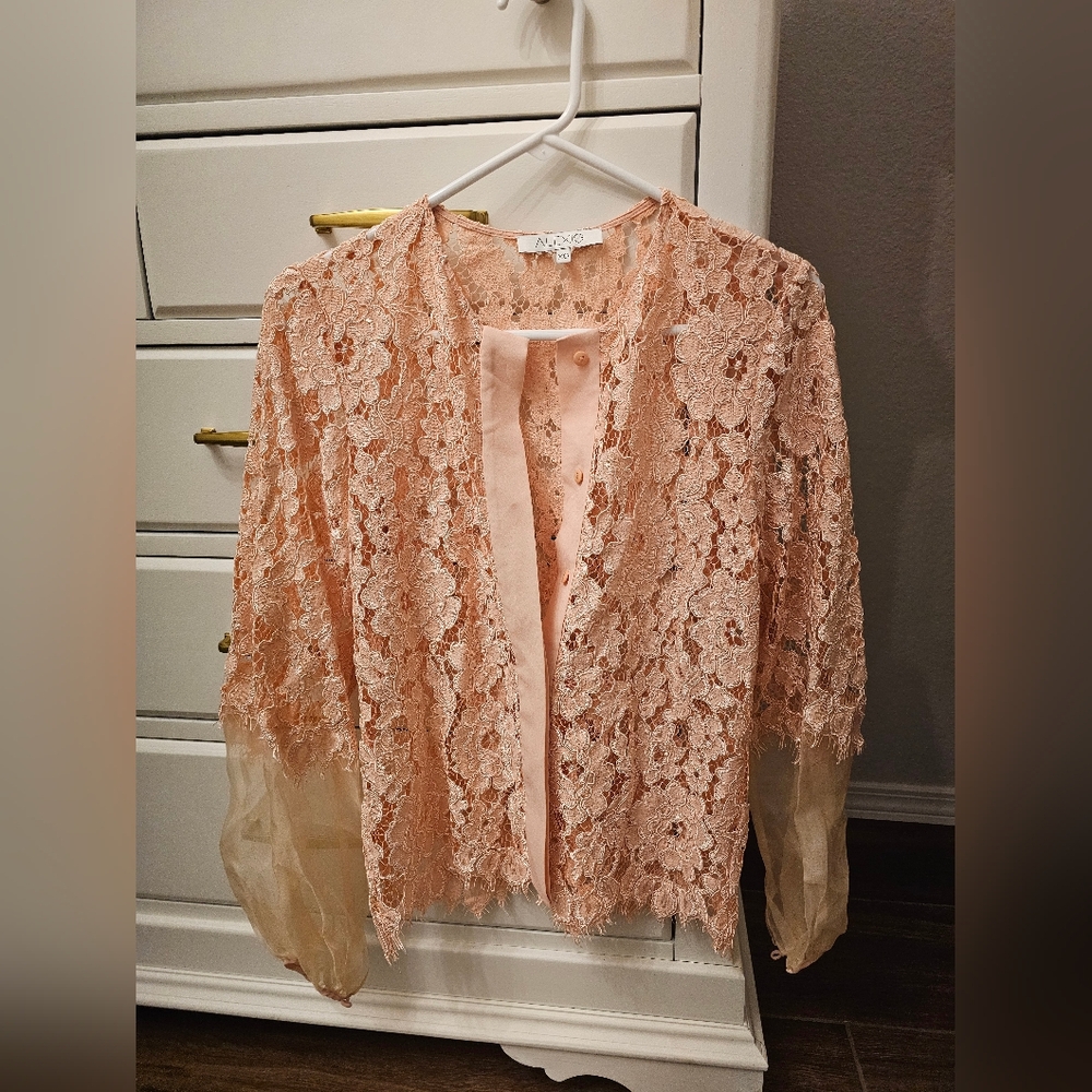 ALEXIS BELL PINK LACE CHIFFON BLOUSE TOP SZ XS